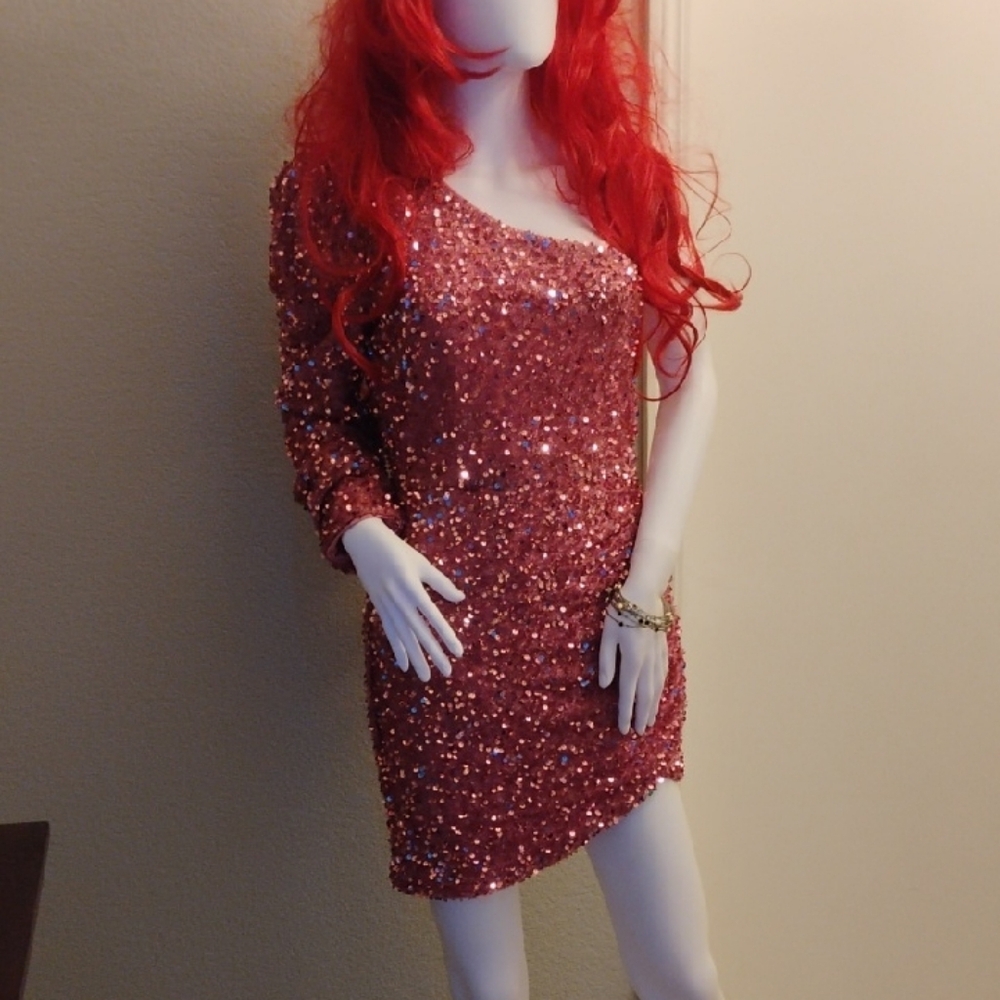 Fashion Nova Sparkling Asymmetrical Dress in Rose